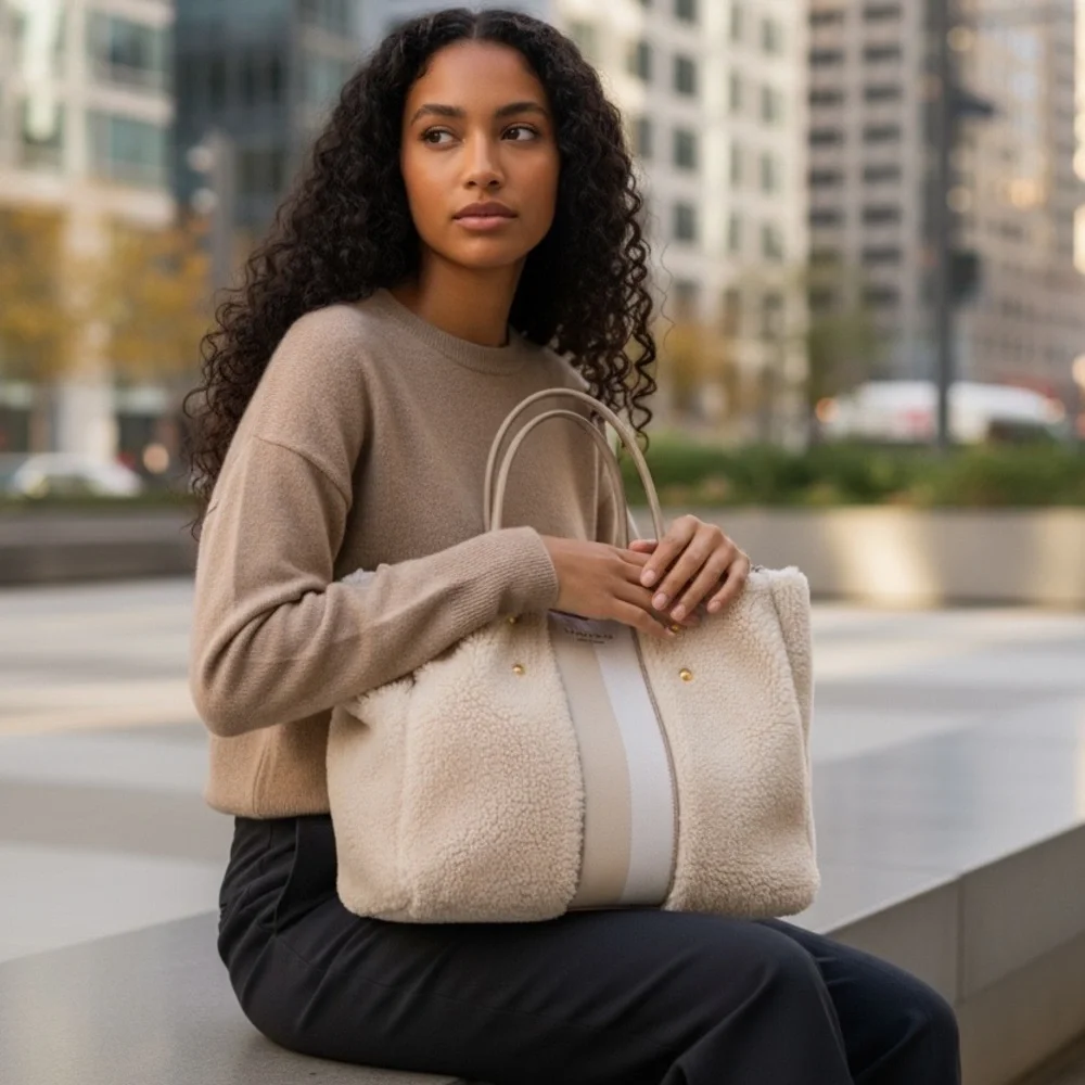 Kate Spade Everything Racing Stripe Faux Shearling Large Tote EUC - Picture 3 of 16